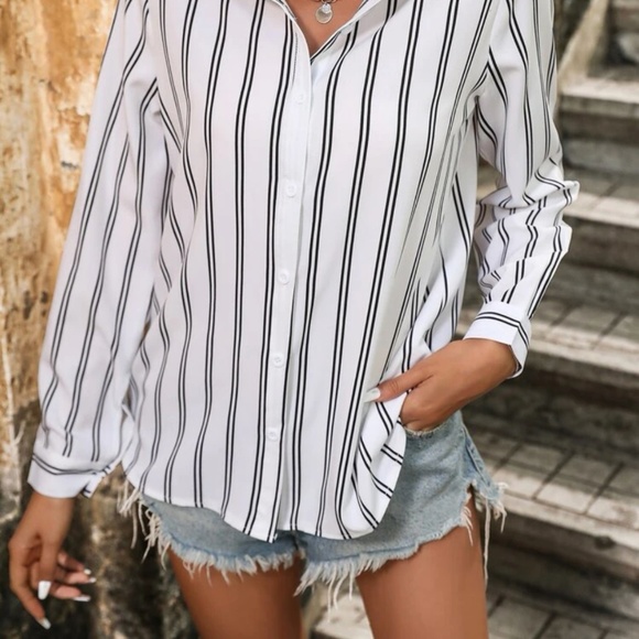 White Striped Shirt Button Up / Down Long Sleeve, Collar - Picture 7 of 8